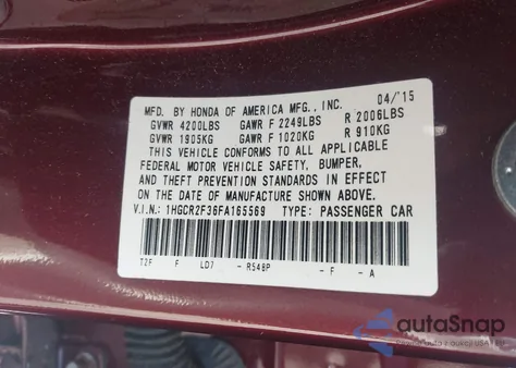 2015 Honda Accord Lx z USA, uszkodzony, nr VIN 1HGCR2F36FA165569
